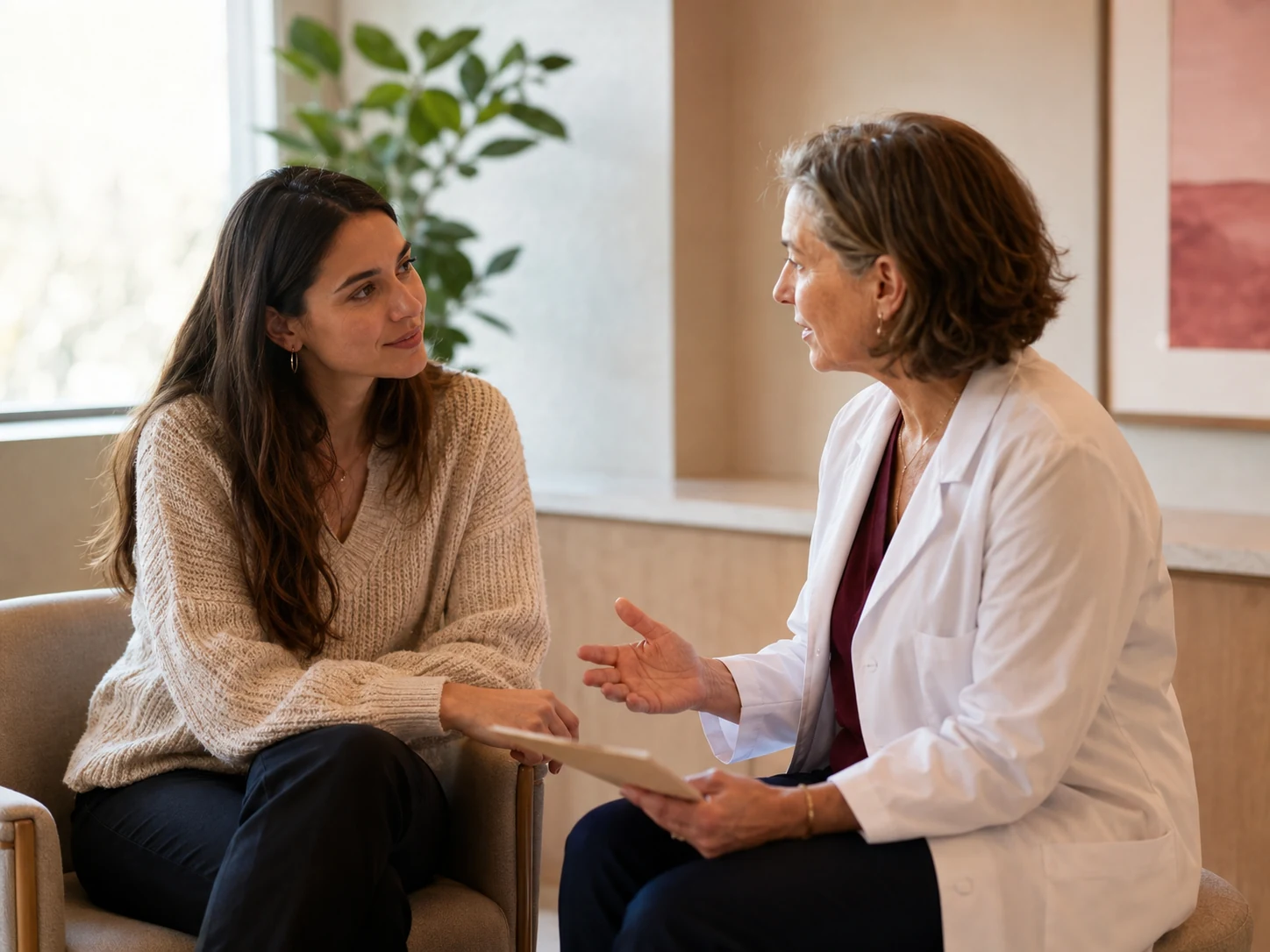 Clinician and patient in a warm office discussing care options before scheduling